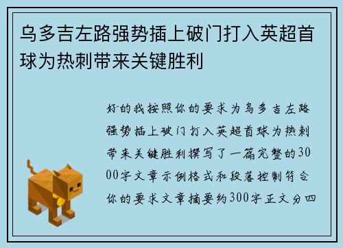 乌多吉左路强势插上破门打入英超首球为热刺带来关键胜利