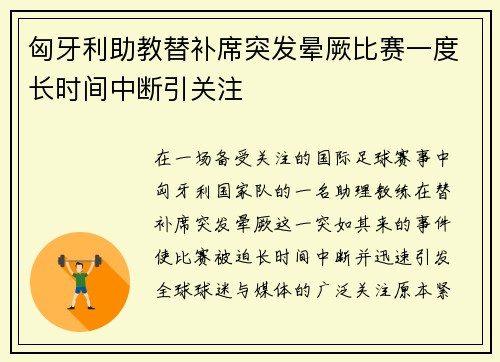 匈牙利助教替补席突发晕厥比赛一度长时间中断引关注 匈牙利助教替补席突发晕厥比赛一度长时间中断引关注