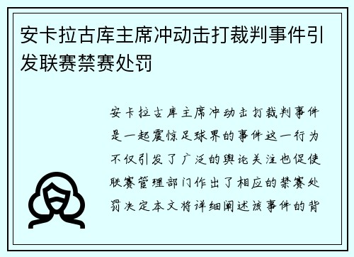 安卡拉古库主席冲动击打裁判事件引发联赛禁赛处罚 安卡拉古库主席冲动击打裁判事件引发联赛禁赛处罚