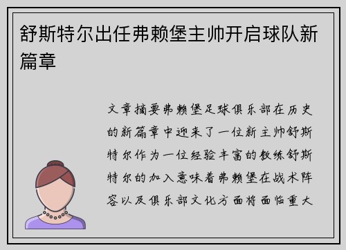 舒斯特尔出任弗赖堡主帅开启球队新篇章 舒斯特尔出任弗赖堡主帅开启球队新篇章